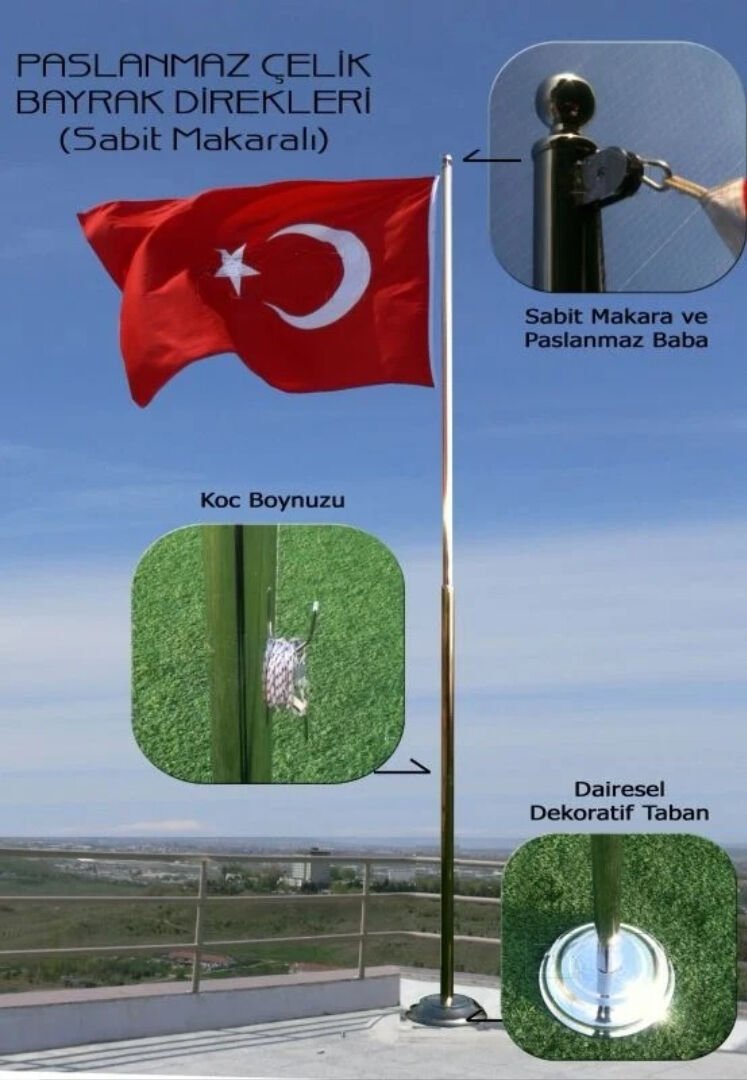 5 mt Paslanmaz Bayrak Direği - Sabit Makaralı