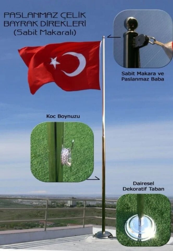 5 mt Paslanmaz Bayrak Direği - Sabit Makaralı