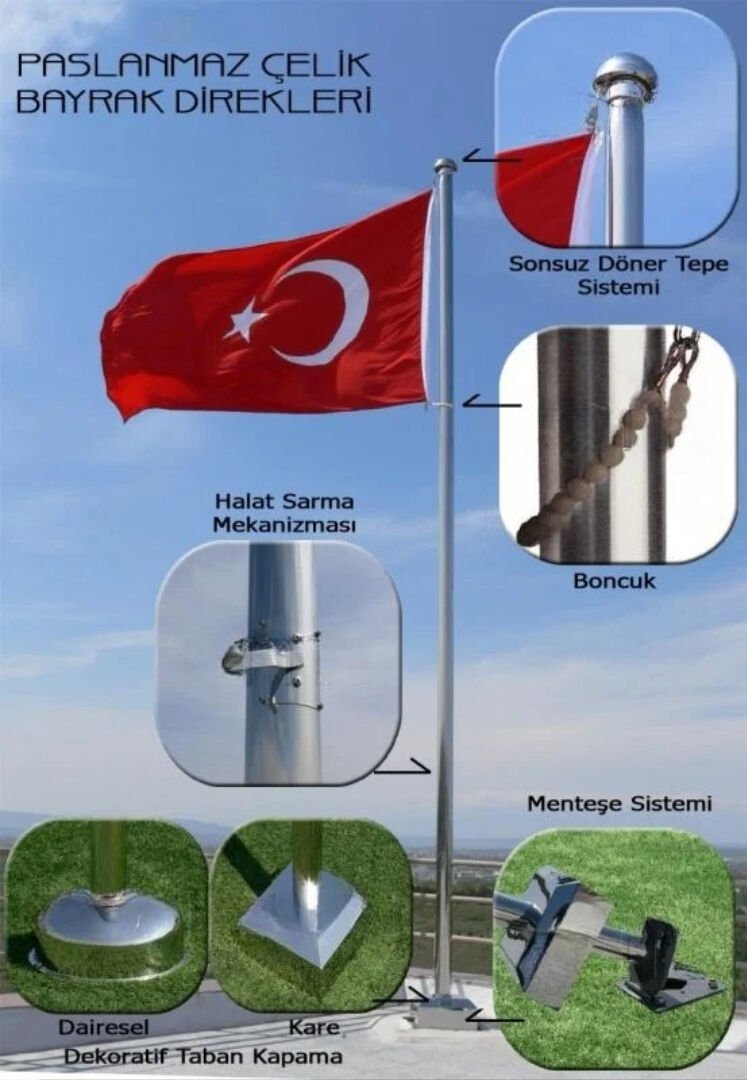 6 mt Paslanmaz Bayrak Direği - Sonsuz Dönerli
